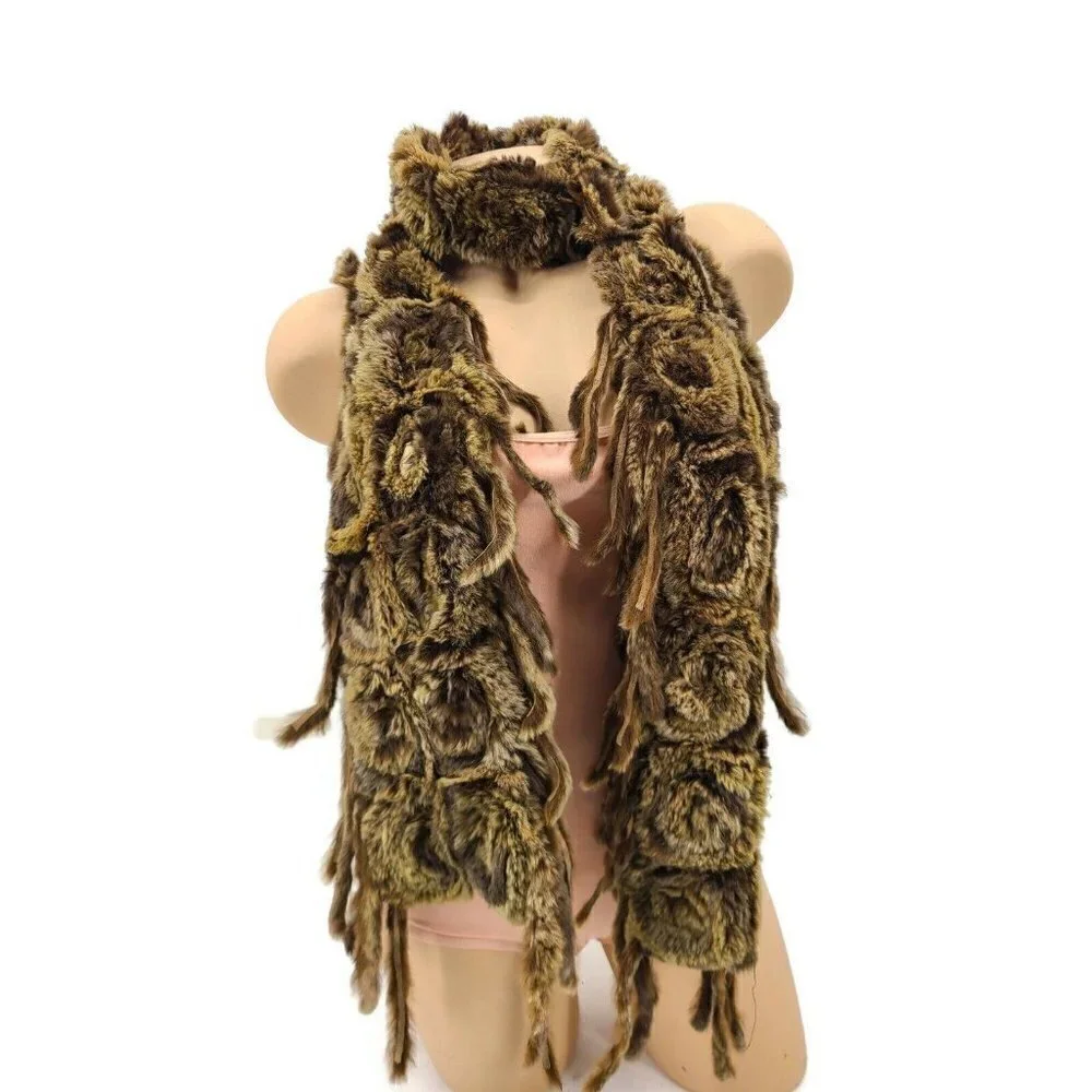 Funky East Design Corp Rabbit Fur? Scarf Fringe Brown 68in